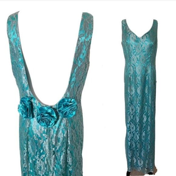 80s Handmade Teal Green Vtg Prom Lace Overlay Dress and Mermaid Hem - Picture 1 of 10
